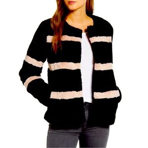 RACHEL PARCELL Women's Stripe Faux Fur Collarless Jacket Black Pink L
